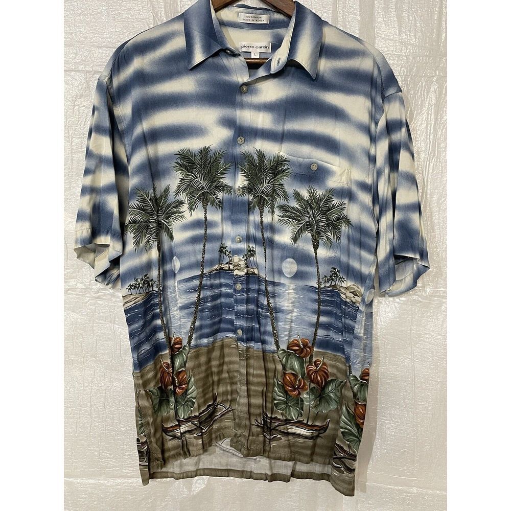 Pierre Cardin‎ Hawaiian Shirt Palm Tree Print Rayon Button Up Blue Large